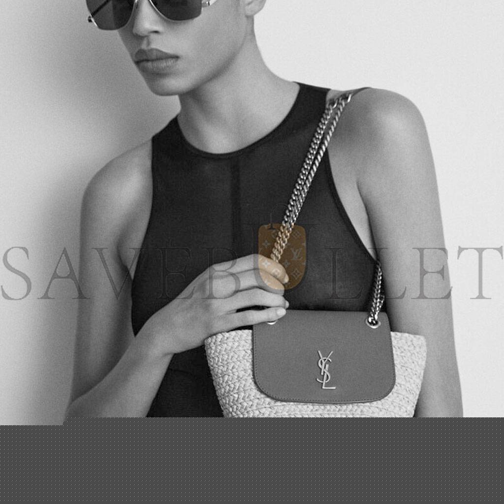 YSL MINI MANON IN RAFFIA AND AGED VEGETABLE-TANNED LEATHER 774269GAAED9051 (23*12*6cm)